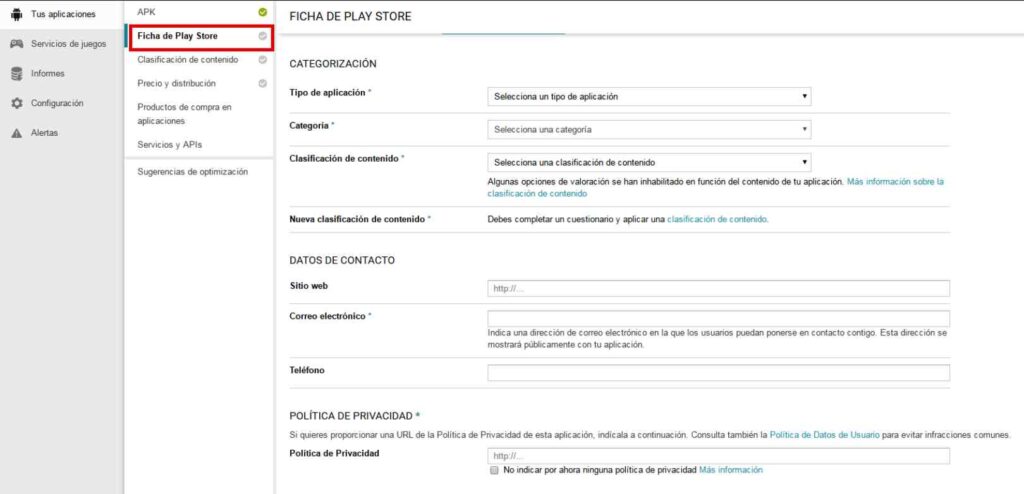 ficha de solicitud para subir app a Play Store