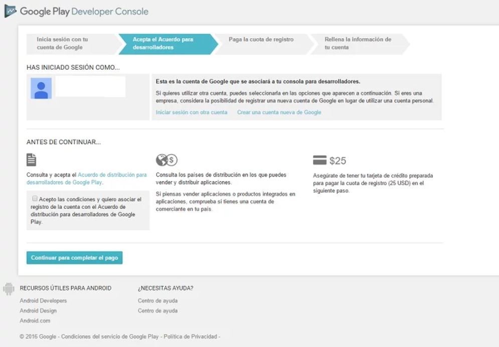 panel de control como desarrollador en Google Play Developer Console